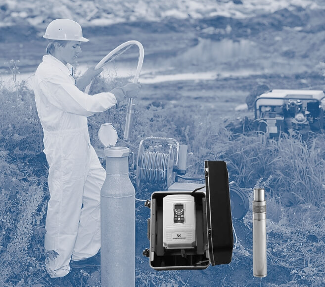 Talajvíz mintavétel MP1 búvárszivattyúval. A képen a szivattyú mellett az új MP1 frekvenciaváltó látható. Talajvíz mintavétel